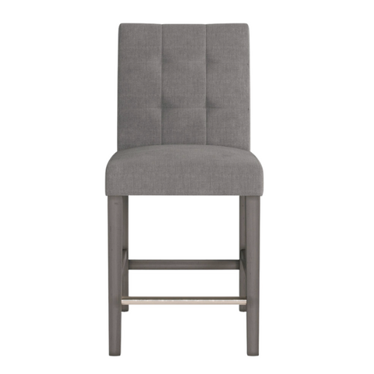 Upholstered 25" Counter Height Bar Stool – Modern Farmhouse Design with Tufted Back, Foam Padded Seat, Washed Grey Solid Wood Legs, and Durable Steel Footrest