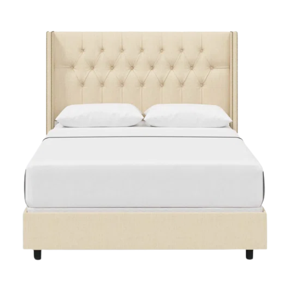 Timeless Upholstered Wingback King Size Bed with Button Tufting and Nailhead Trim