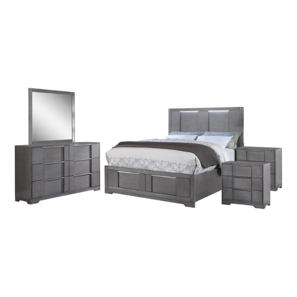 Sophisticated 5-Piece Queen Bedroom Set with LED-Illuminated Storage Bed, Asymmetrical Panels, and Recessed Nickel Drawer Pulls