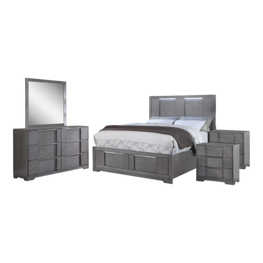Sophisticated 5-Piece Queen Bedroom Set with LED-Illuminated Storage Bed, Asymmetrical Panels, and Recessed Nickel Drawer Pulls