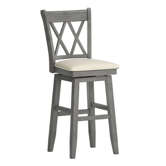 Double X Back Wood Swivel Bar Stool – Vintage Charm with Upholstered Linen Seat Cushion, Swivel Function, and Distressed Finishes for Elegant Bar or Counter Seating