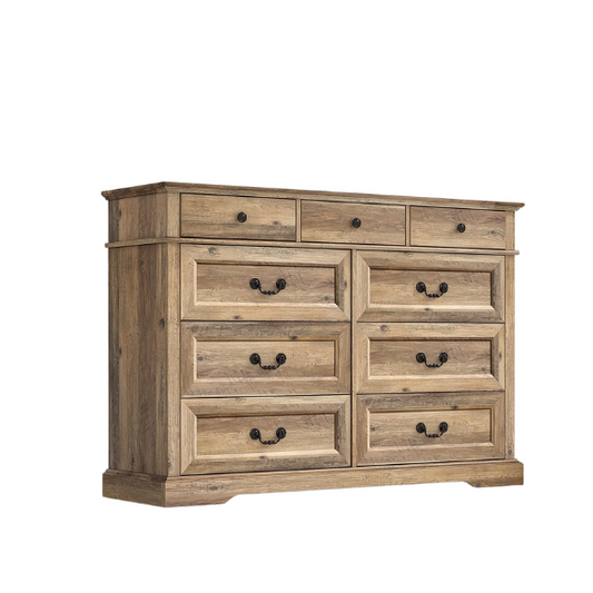 Rustic Modern 9-Drawer 53.5'' Double Dresser with Inset Paneling, Crown Molding, and Customizable Metal Handles