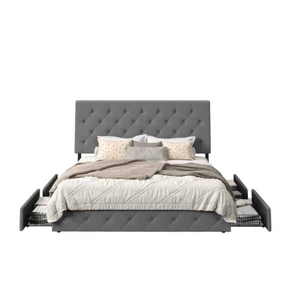 King Size Upholstered Platform Storage Bed with Spacious Drawers, Quiet Structure, and Sleek Minimalist Design