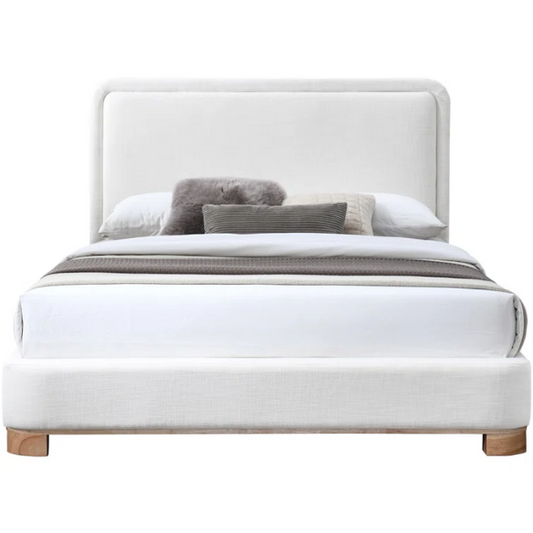 Luxurious Linen Textured Fabric King Size Upholstered Panel Bed with Solid Wood Base
