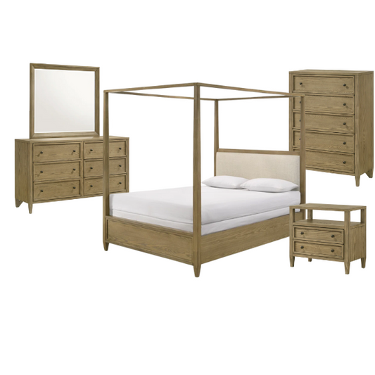 3-Piece Light Brown Upholstered Canopy Platform Bedroom Set – Elegant, Cozy Retreat with Rustic Charm and Modern Design