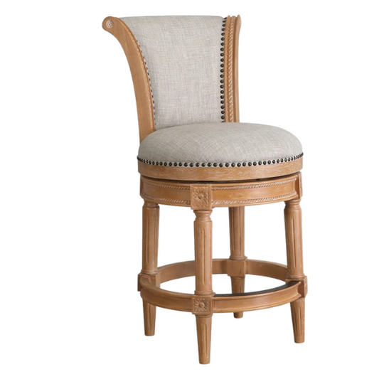 Swivel Bar-Height Stool with High Seat Back – Elegant Curved Back, 180° Automatic Return Swivel, Nail Head Trim, Metal Footrests, and Cushioned Foam Seat for Ultimate Comfort