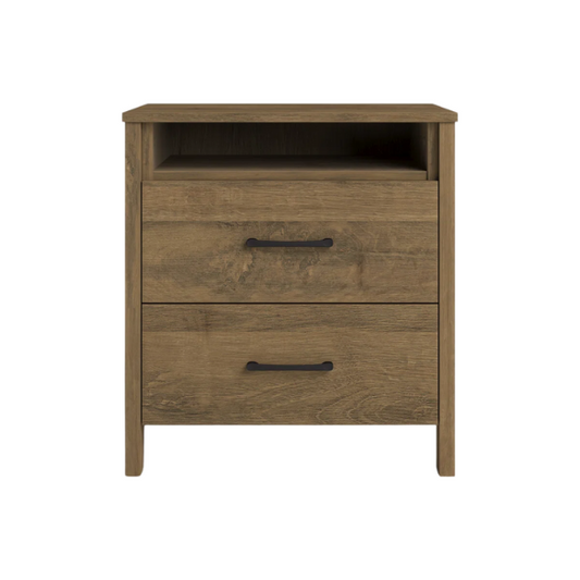 22.7" 2-Drawer Nightstand – Space-Saving Modern Minimalism, Engineered Wood with Clean-Lined Silhouette, Neutral Finish, Open Cubby & 2 Spacious Drawers for Bedroom Storage, Ideal for Tech & Accessories
