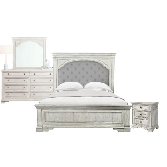 3-Piece Rustic Upholstered Panel Queen Bedroom Set in Driftwood Grey or Rustic Ivory – Includes Nightstand, Double Dresser with Mirror, and Button-Tufted Bed with Nailhead Trim