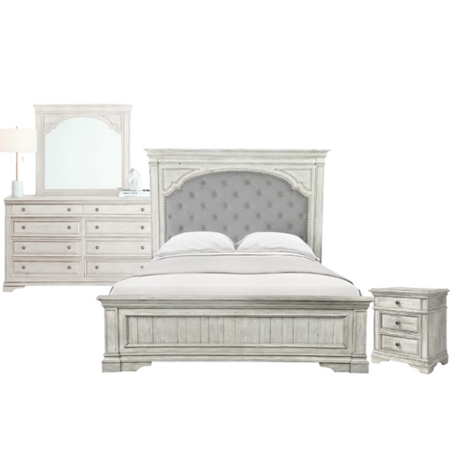3-Piece Rustic Upholstered Panel Queen Bedroom Set in Driftwood Grey or Rustic Ivory – Includes Nightstand, Double Dresser with Mirror, and Button-Tufted Bed with Nailhead Trim