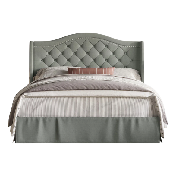 Elegant King Size Upholstered Platform Bed with Arched Camelback Headboard – Nailhead Trim, Diamond Tufting, and Foam Cushioning for Ultimate Comfort
