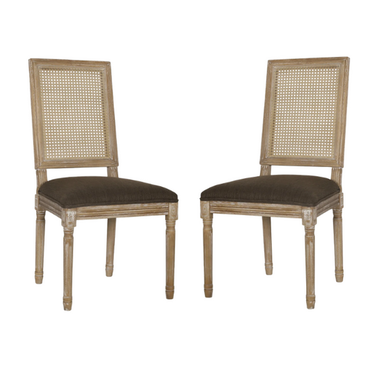 French Country Wood and Cane Upholstered Dining Chairs – Weathered Rubberwood Frame with Fluted Legs & Rectangular Cane Backrest