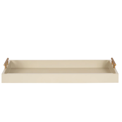 Sleek and Sophisticated Long Rectangular Serving Tray – High Gloss Wood with Polished Metal Handles, Perfect for Entryway, Vanity, or Coffee Table