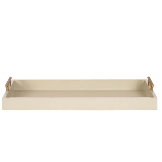 Sleek and Sophisticated Long Rectangular Serving Tray – High Gloss Wood with Polished Metal Handles, Perfect for Entryway, Vanity, or Coffee Table