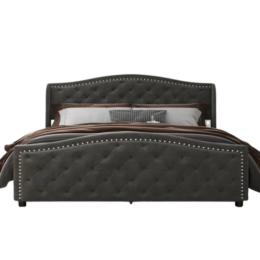 Luxurious King Size Velvet Upholstered Platform Bed with Tufted Camelback Headboard, Nailhead Trim, and 4 Built-In Storage Drawers – Stylish and Functional Bedroom Upgrade