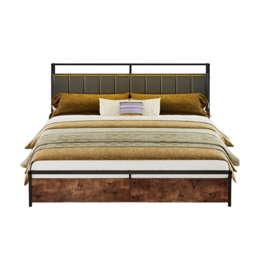 Modern LED King Size Bed Frame with Storage Drawers and Built-in Charging Station