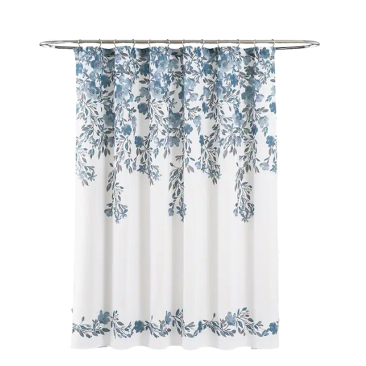 Blue and Grey Floral Vine Shower Curtain – Shabby Chic Farmhouse Style, 72" x 72"