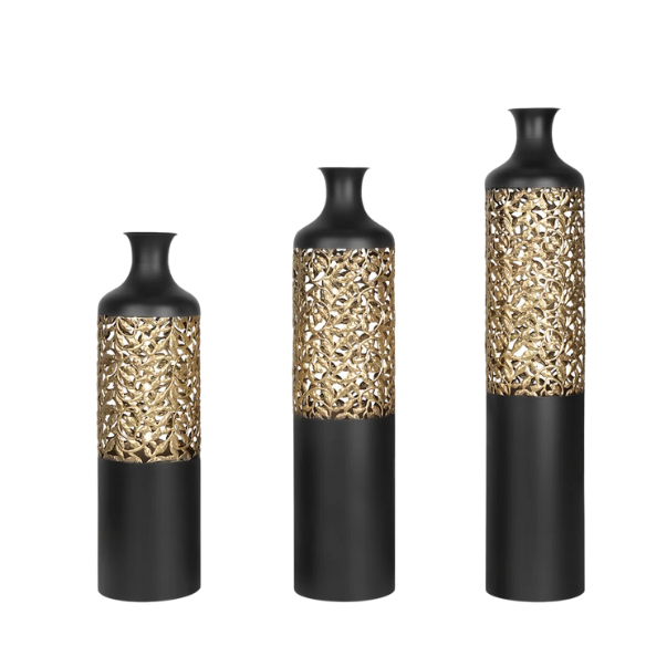 Elegant Matte Black Large Floor Vase Set (3-Piece) – Gold Baroque Vine Detailing, Metal Flower Vases for Sophisticated Home Décor