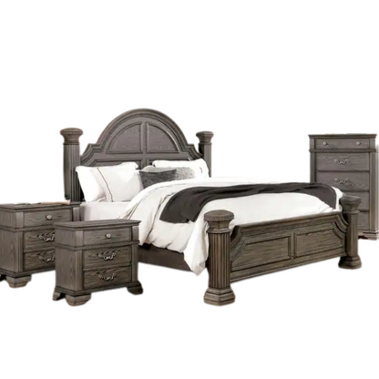 Elegant Traditional 3-Piece Wood Poster Bedroom Set with Beaded Trim, Reeded Posts, and USB Nightstands