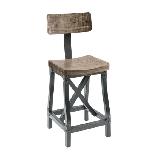 Retro Counter Stool with Back – Vintage Industrial Design, Solid Wood Seat, Antique Silver Metal Finish, and Removable Backrest for Versatile Seating