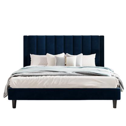Luxurious Upholstered Platform Bed – Full/Double Size with Velvet Upholstery and Striped Headboard for Elegant Comfort