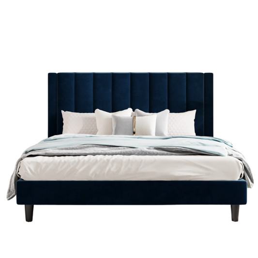 Luxurious Upholstered Platform Bed – Full/Double Size with Velvet Upholstery and Striped Headboard for Elegant Comfort
