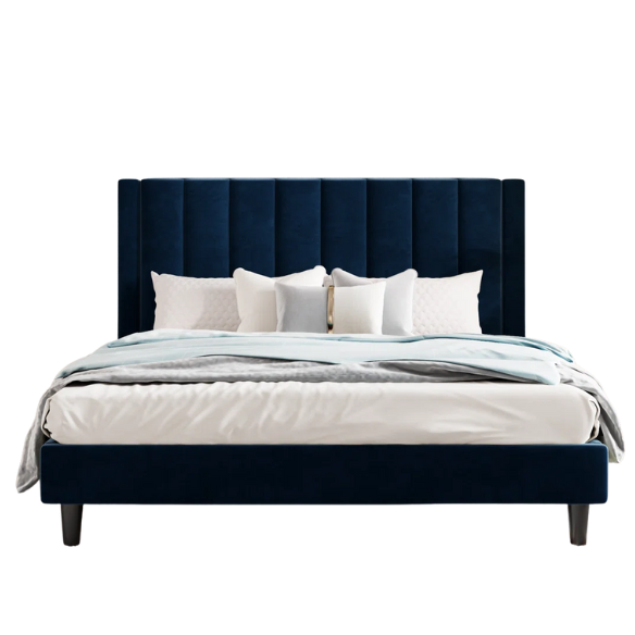 Luxurious Upholstered Platform Bed – Full/Double Size with Velvet Upholstery and Striped Headboard for Elegant Comfort