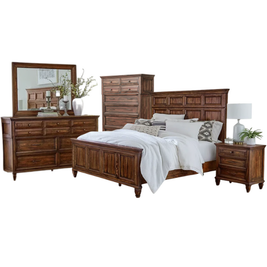 Exquisite Old-World Charm with Glamorous Flair – 5-Piece King Bedroom Set in Rich Brown with Crown Molding, Felt-Lined Drawers, and Built-In Outlets