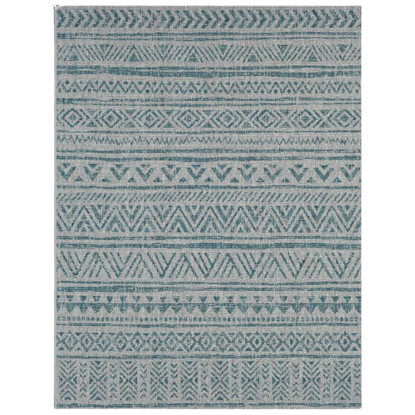 Striped Geometric Area Rug – Aqua & Taupe, Durable Polypropylene, Low-Pile Design for High-Traffic Indoor/Outdoor Spaces