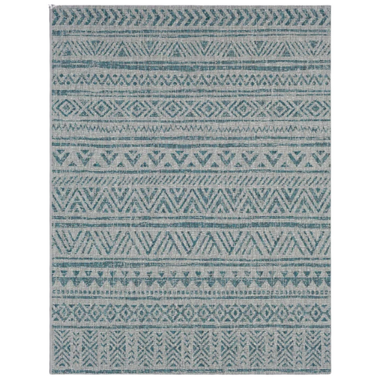 Striped Geometric Area Rug – Aqua & Taupe, Durable Polypropylene, Low-Pile Design for High-Traffic Indoor/Outdoor Spaces