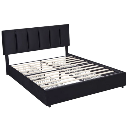 Velvet Upholstered Queen Size Platform Bed with Adjustable Headboard and 4 Storage Drawers