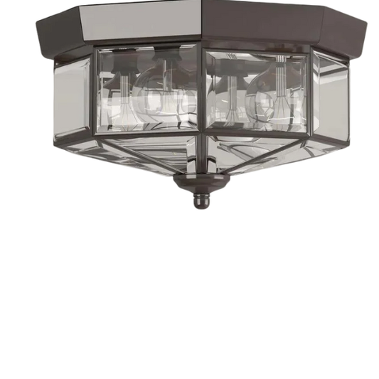 Four-Light Beveled Glass Close-to-Ceiling Fixture in Antique Bronze – Elegant Octagonal Ceiling Light with Clear Beveled Glass for Ambient Overhead Lighting