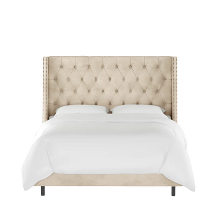 Chic Upholstered Wingback King Size Bed with Button Tufting and Nailhead Trim