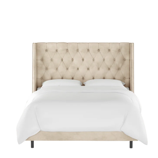 Chic Upholstered Wingback King Size Bed with Button Tufting and Nailhead Trim