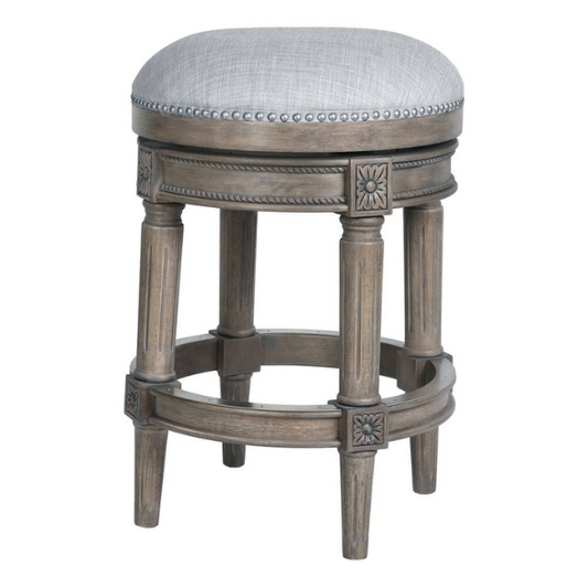 Backless Swivel 26" Counter-Height Bar Stool – Elegant Linen Upholstery with Nail Head Trim, 360-Degree Swivel, and Metal Footrest for Stylish Kitchen or Bar Seating