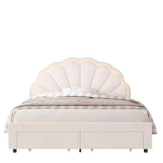 Floral-Inspired Queen Size Upholstered LED Bed Frame with Luxury Velvet, Drawer, and Adjustable Headboard