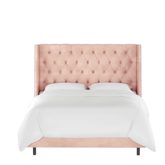 Chic Upholstered Wingback King Size Bed with Button Tufting and Nailhead Trim