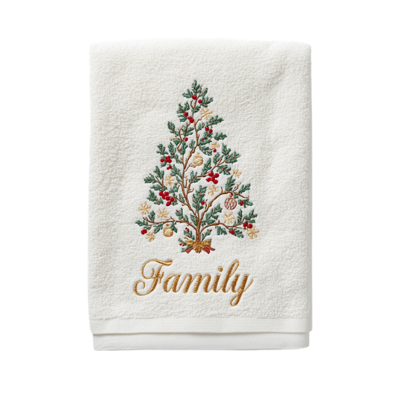 Off-White Cotton Towel with Embroidered Christmas Tree and Gold 