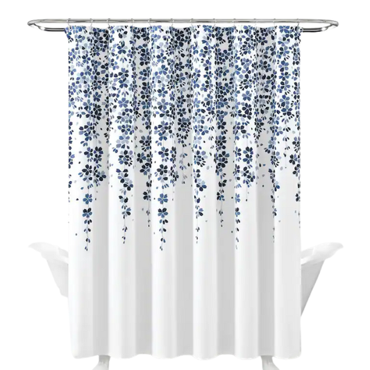 Navy, White, and Blue Weeping Flower Shower Curtain – Elegant Floral Bathroom Décor, 72" x 72"