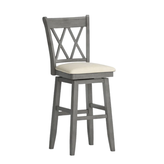 Double X Back Wood Swivel Counter Height Stool – Vintage Charm with Upholstered Linen Seat Cushion, Swivel Function, and Distressed Finishes for Elegant Bar or Counter Seating