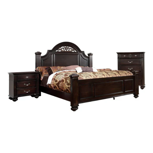 Elegant Traditional 4-Piece Walnut Wood Poster Bedroom Set with Floral Carved Headboard and Fluted Detailing