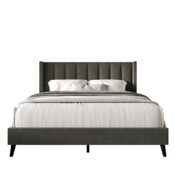 Queen Size Upholstered Wingback Bed with Soft Polyester Fabric – Elegant and Modern Design