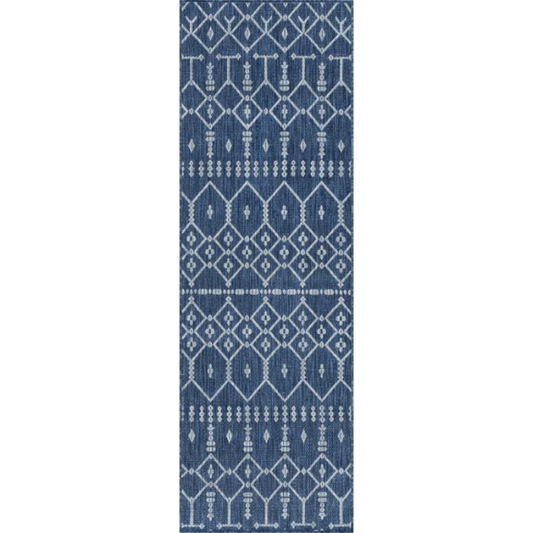 Boho-Inspired Navy & Grey Geometric Rug – Fade & Stain-Resistant, Low-Pile, Perfect for High-Traffic Indoor/Outdoor Spaces