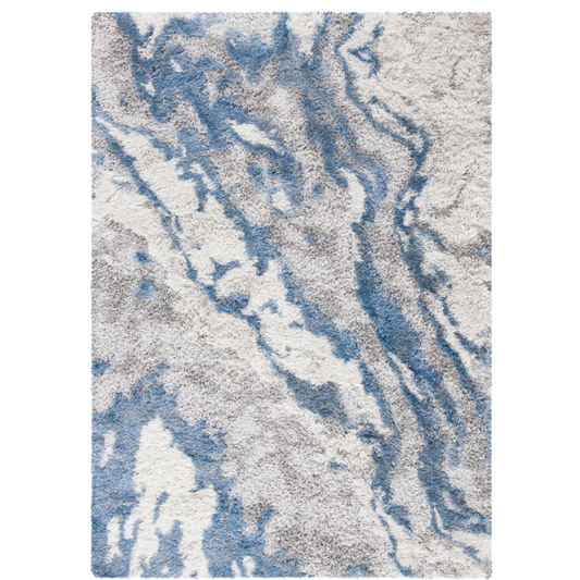 Plush Abstract Blue, Grey, and White Pattern Shag Rug