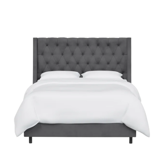 Chic Upholstered Wingback King Size Bed with Button Tufting and Nailhead Trim