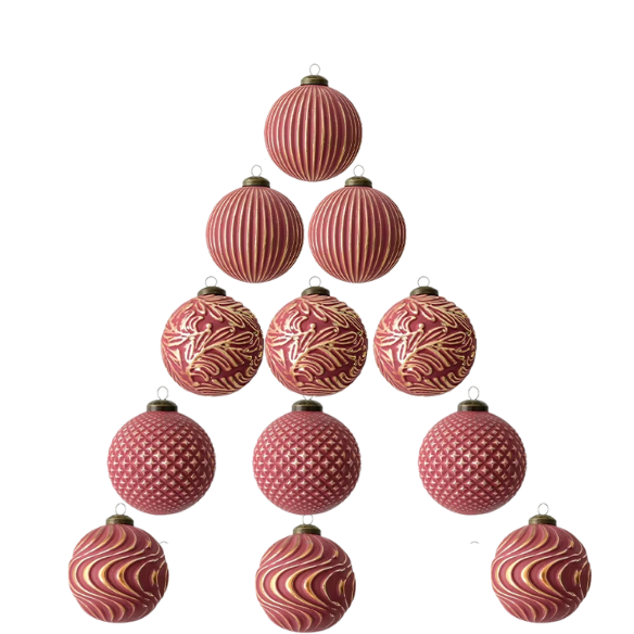 Red & Gold Embossed Christmas Ornaments – Elegant Holiday Bauble Set (12 Pieces)