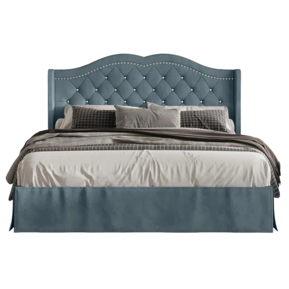 Luxurious King Size Upholstered Wingback Platform Bed with Velvet Fabric, Foam-Padded Camelback Headboard, Diamond Tufting, Nailhead Trim, and Included Bed Skirt for Hidden Storage