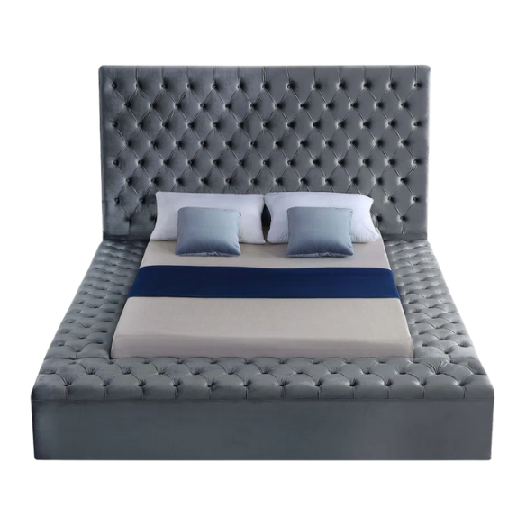 Elegant Velvet Upholstered King Size Platform Storage Bed with Tufted Headboard and Slats