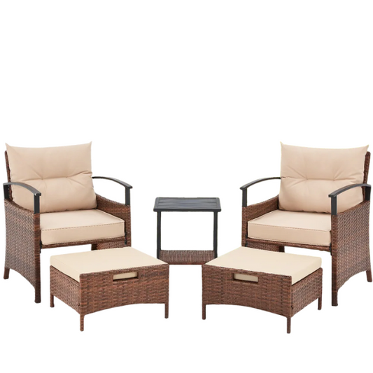 Patio Furniture Set | Outdoor Rattan Chairs with Tempered Glass Coffee Table, Ottomans, and Soft Cushions | Stylish Wicker Conversation Set