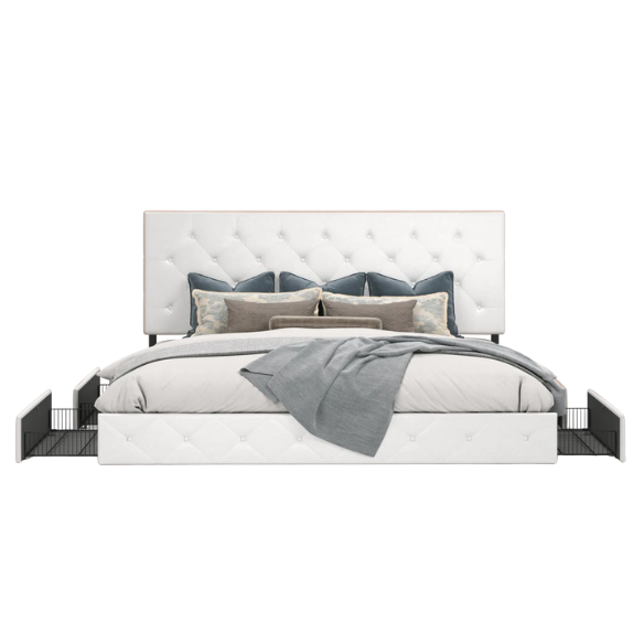 Queen Size Upholstered Platform Storage Bed with Tufted Button Accent Design