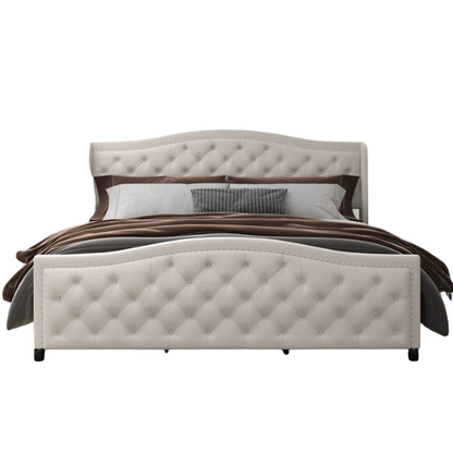 Luxurious King Size Velvet Upholstered Platform Bed with Tufted Camelback Headboard, Nailhead Trim, and 4 Built-In Storage Drawers – Stylish and Functional Bedroom Upgrade